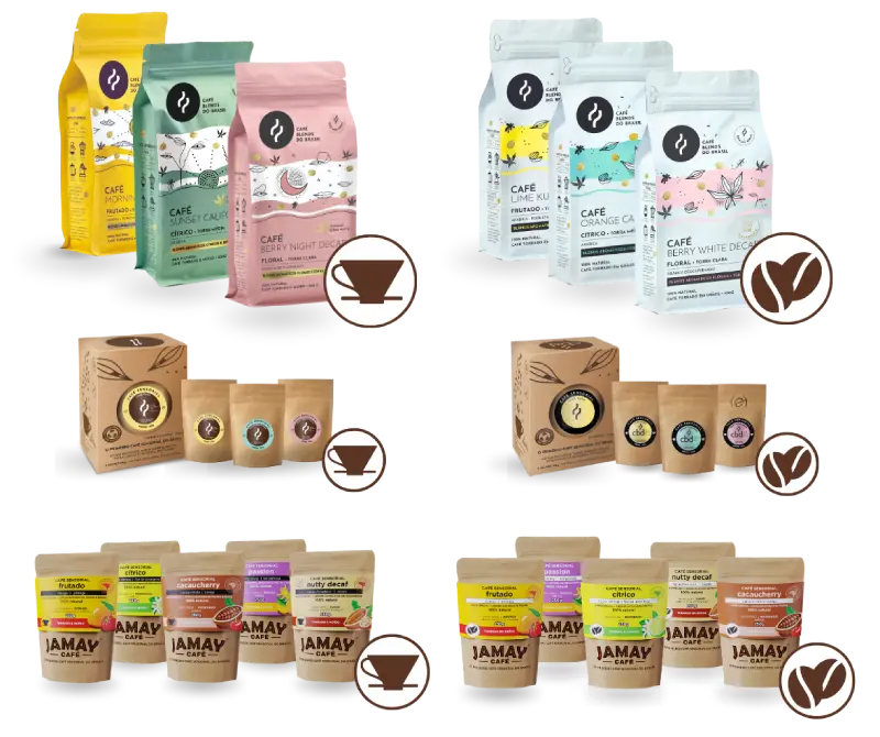 Produto com alto valor percebido. Linha CBD.BR e linha Jamay Café, moído e grãos.